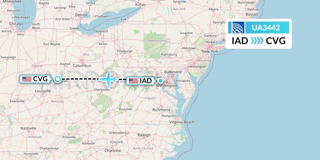 UA3442 United Airlines Flight Map: Washington to Cincinnati