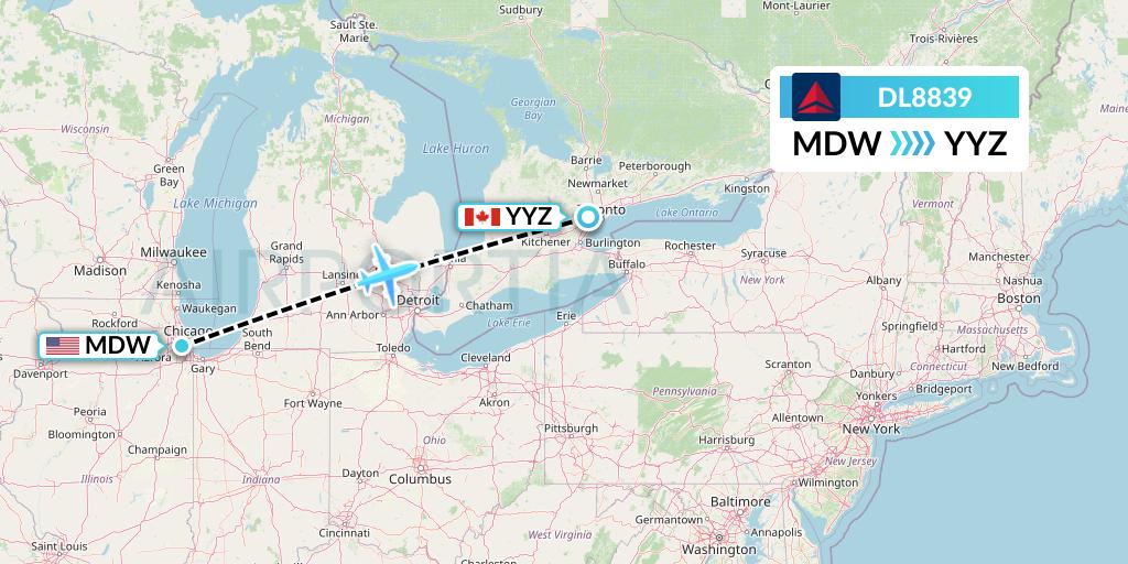DL8839 Delta Air Lines Flight Map: Chicago to Toronto