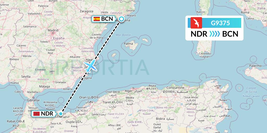 G9375 Air Arabia Flight Map: Nador to Barcelona