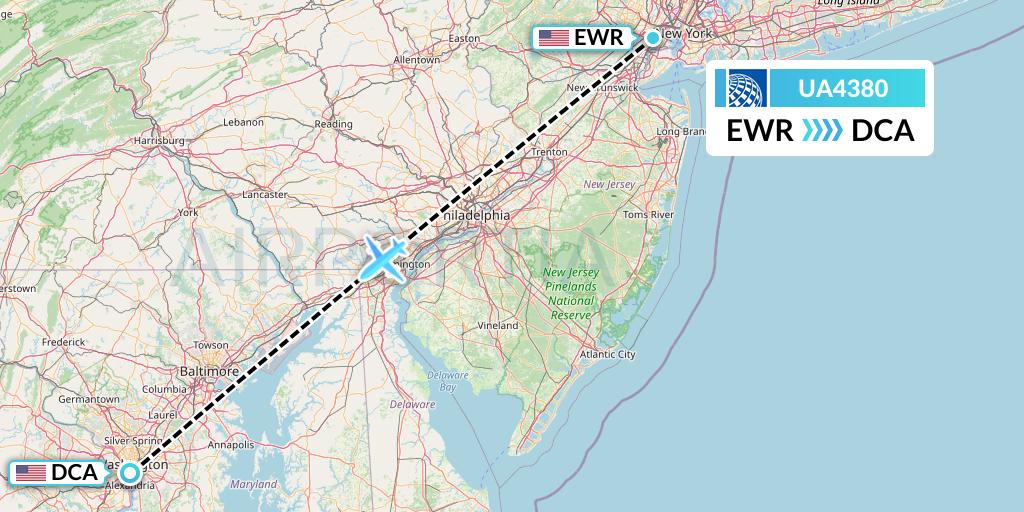 UA4380 United Airlines Flight Map: New York to Washington