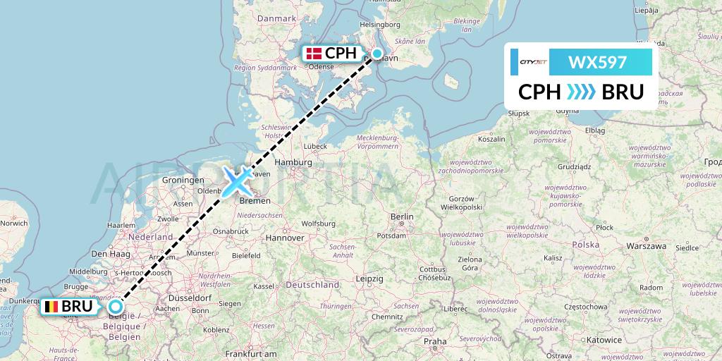 WX597 Cityjet Flight Map: Copenhagen to Brussels