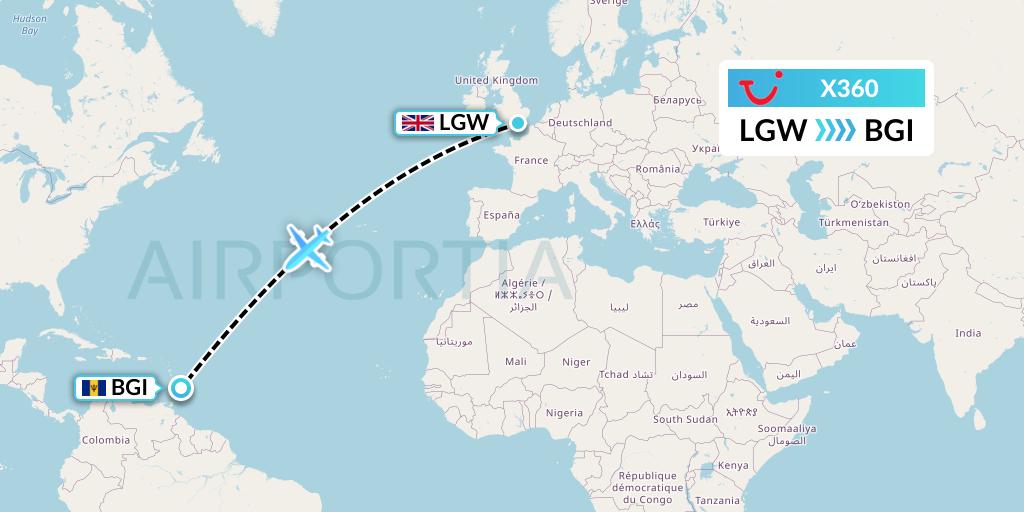 X360 TUI fly Germany Flight Map: London to Bridgetown