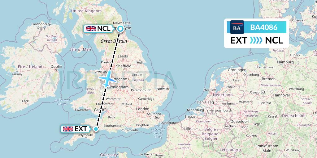 BA4086 British Airways Flight Map: Exeter to Newcastle