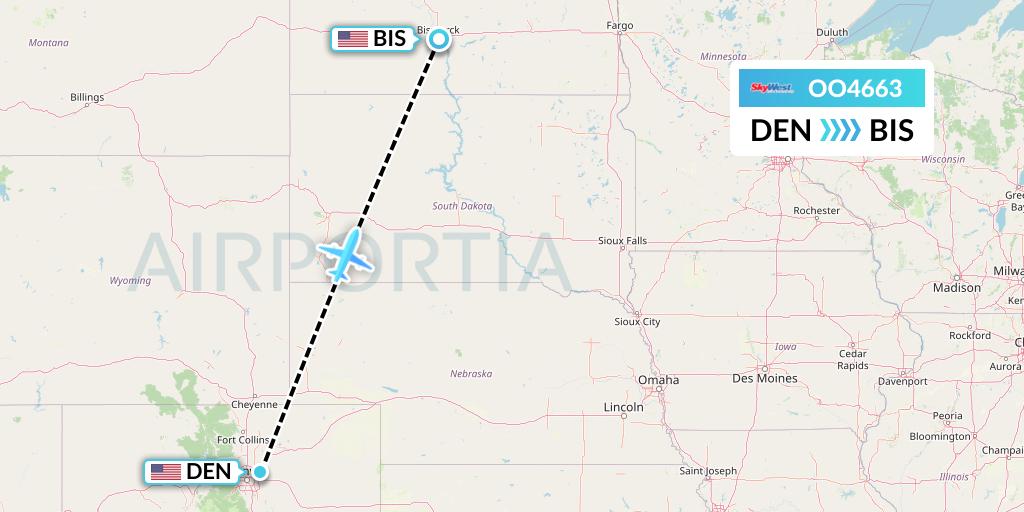 OO4663 SkyWest Airlines Flight Map: Denver to Bismarck