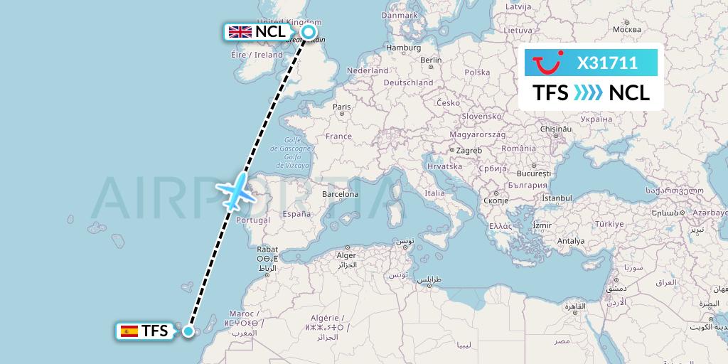 X31711 TUI fly Germany Flight Map: Tenerife to Newcastle