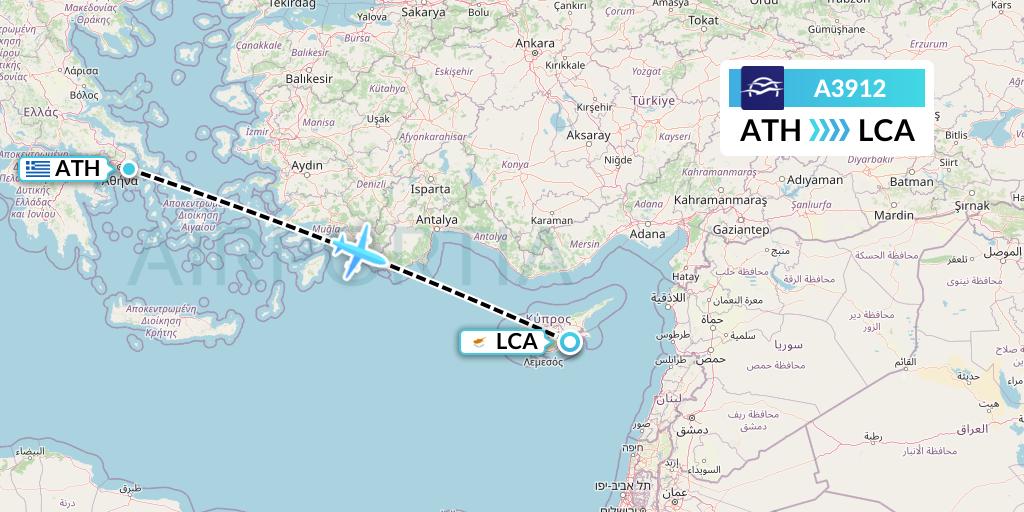 A3912 Aegean Airlines Flight Map: Athens to Larnaca