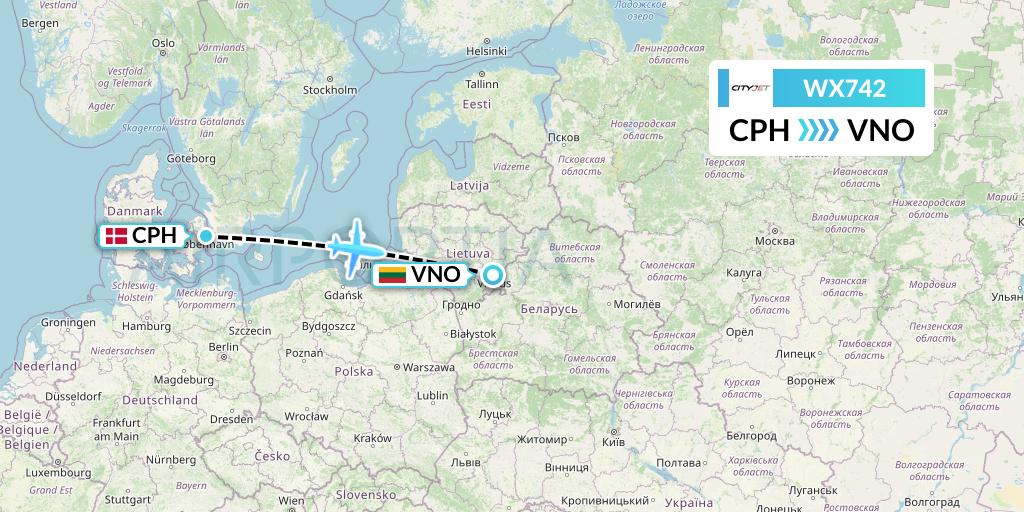 WX742 Cityjet Flight Map: Copenhagen to Vilnius