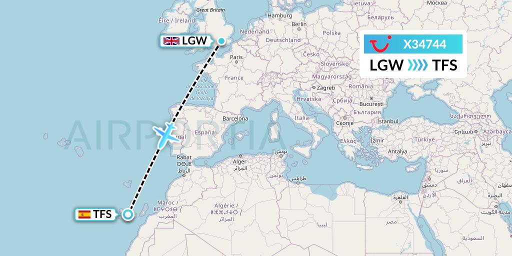 X34744 TUI fly Germany Flight Map: London to Tenerife