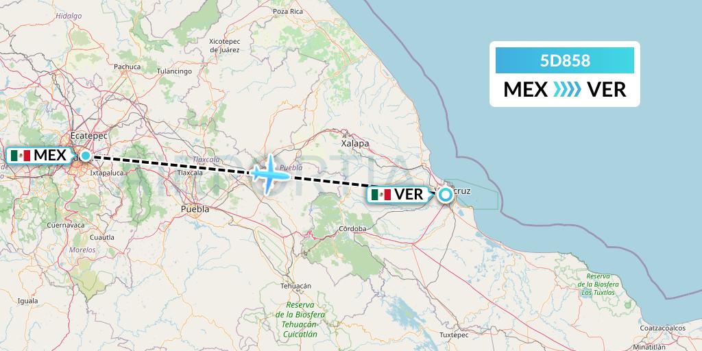 5D858 Aeromexico Connect Flight Map: Mexico City to Veracruz