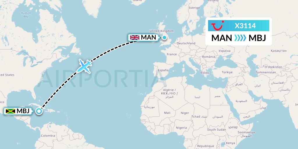 X3114 TUI fly Germany Flight Map: Manchester to Montego Bay