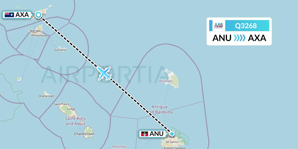Q3268 Anguilla Air Services Flight Map: Antigua to The Valley
