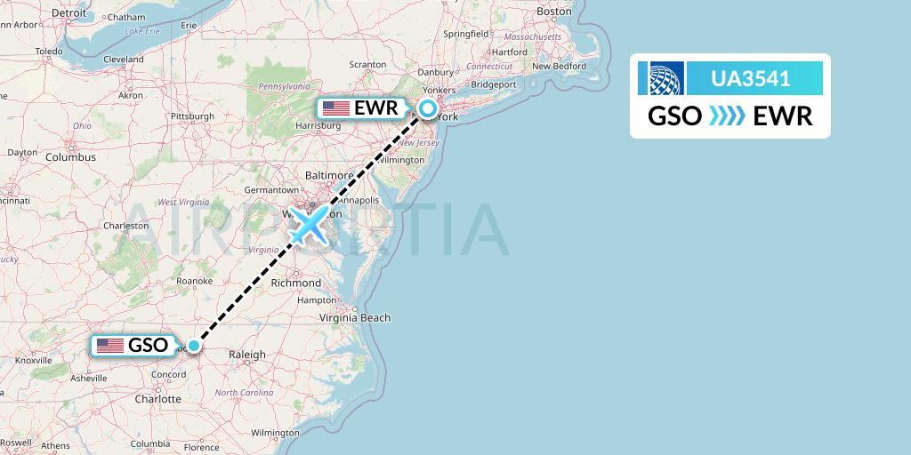 UA3541 United Airlines Flight Map: Greensboro to New York