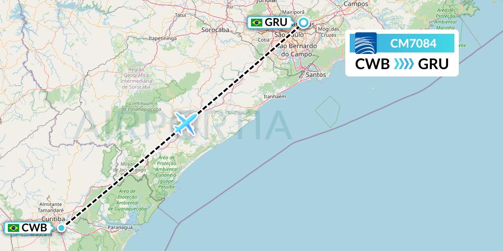 CM7084 Copa Airlines Flight Map: Curitiba to Sao Paulo