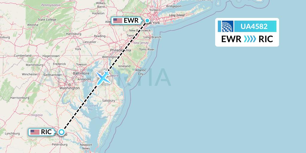 UA4582 United Airlines Flight Map: New York to Richmond