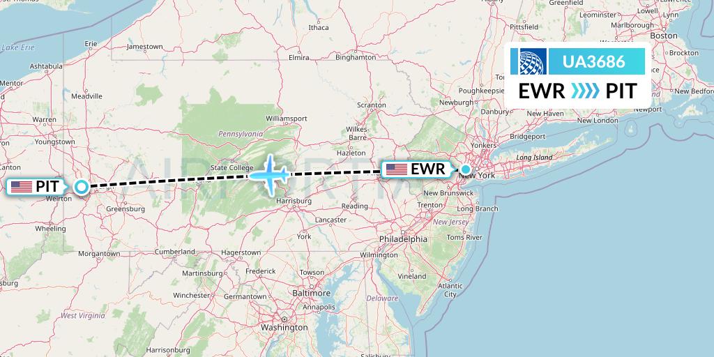 UA3686 United Airlines Flight Map: New York to Pittsburgh