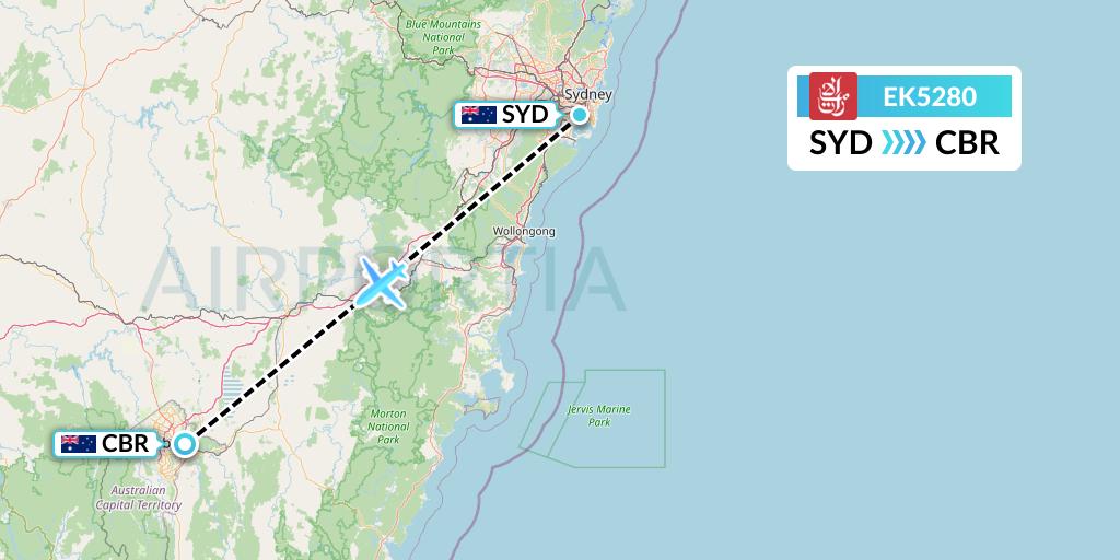 EK5280 Emirates Flight Map: Sydney to Canberra