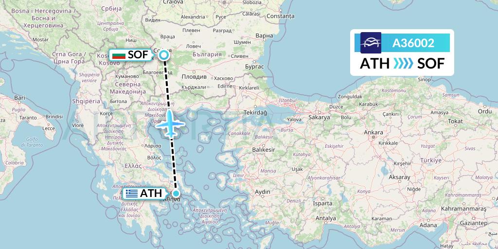 A36002 Aegean Airlines Flight Map: Athens to Sofia