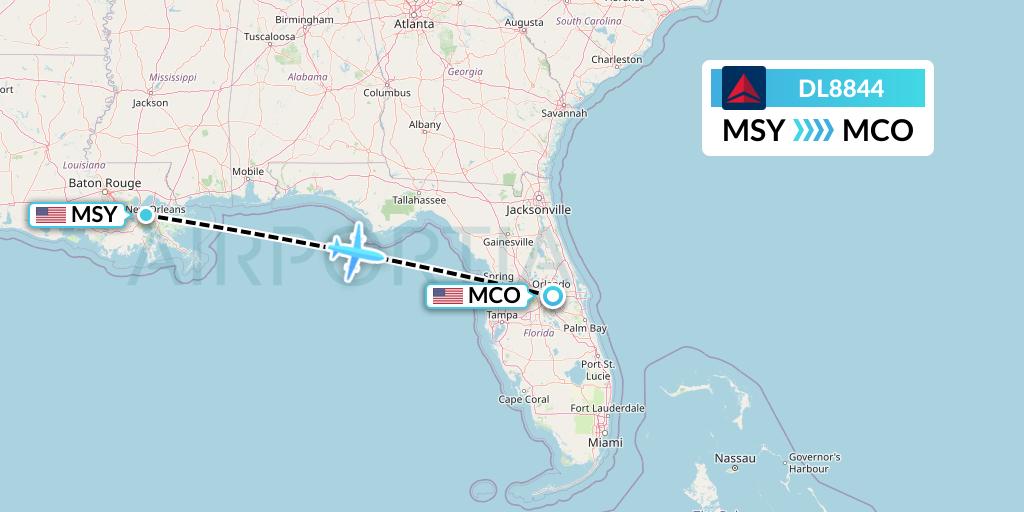 DL8844 Delta Air Lines Flight Map: New Orleans to Orlando