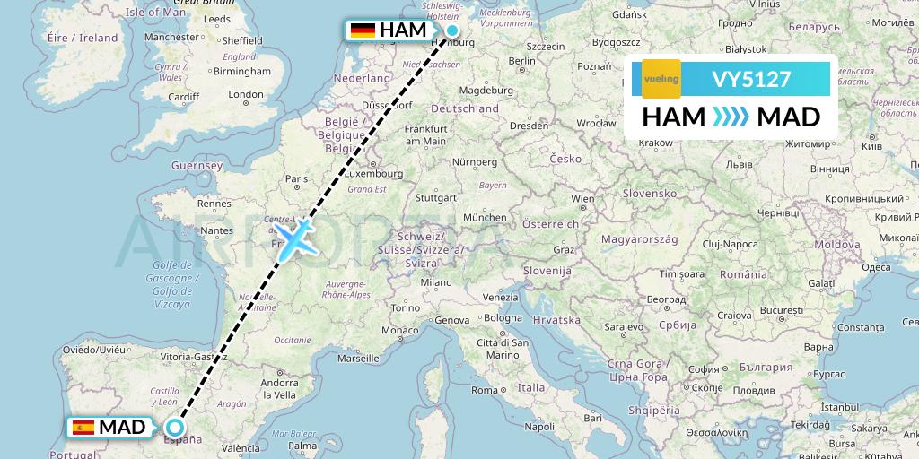 VY5127 Vueling Flight Map: Hamburg to Madrid