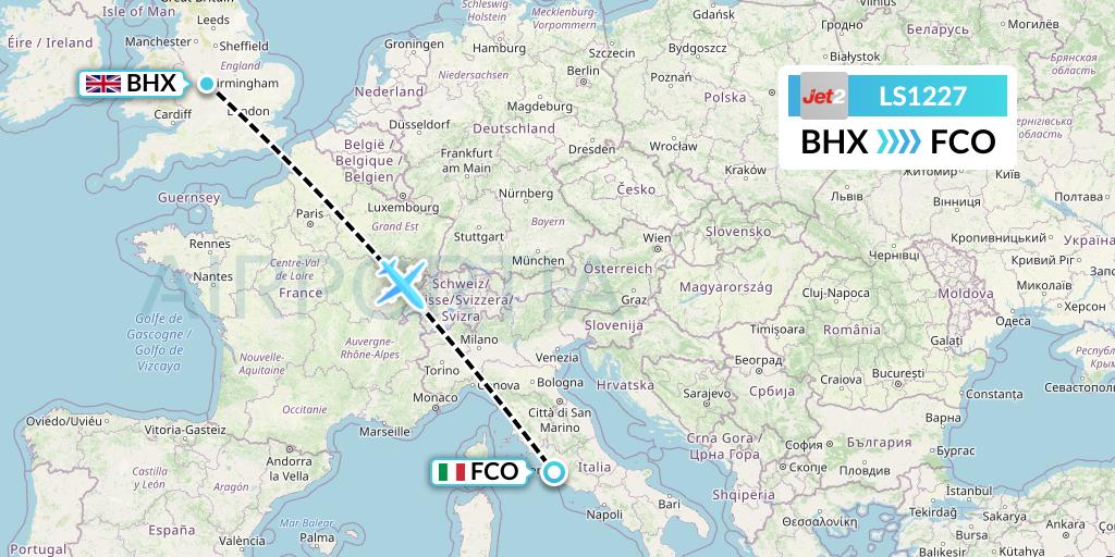 LS1227 Jet2 Flight Map: Birmingham to Rome
