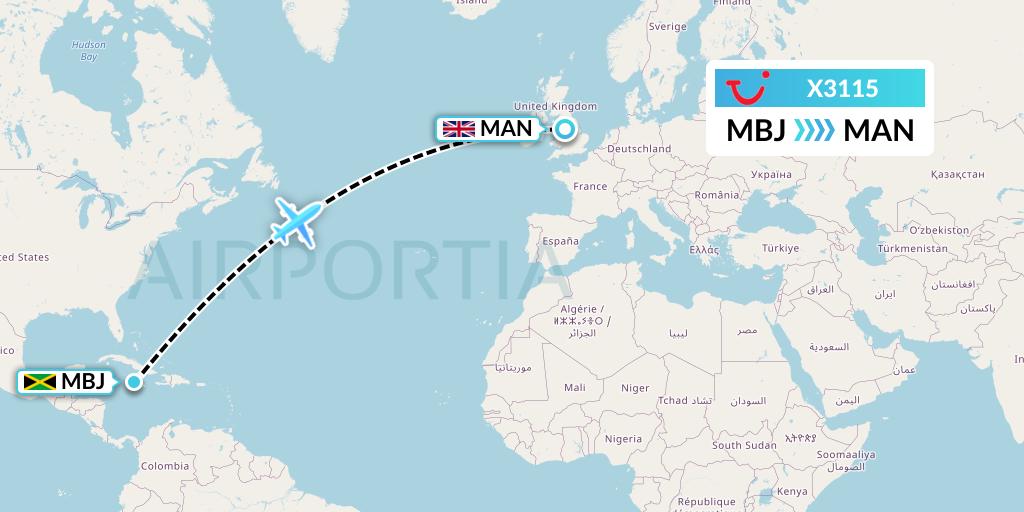 X3115 TUI fly Germany Flight Map: Montego Bay to Manchester