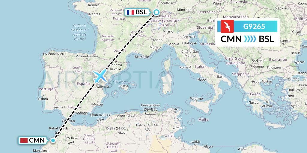 G9265 Air Arabia Flight Map: Casablanca to Basel