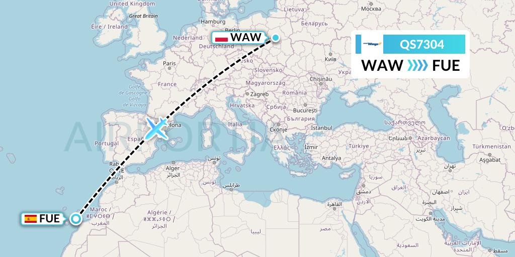 QS7304 Smartwings Flight Map: Warsaw to Fuerteventura