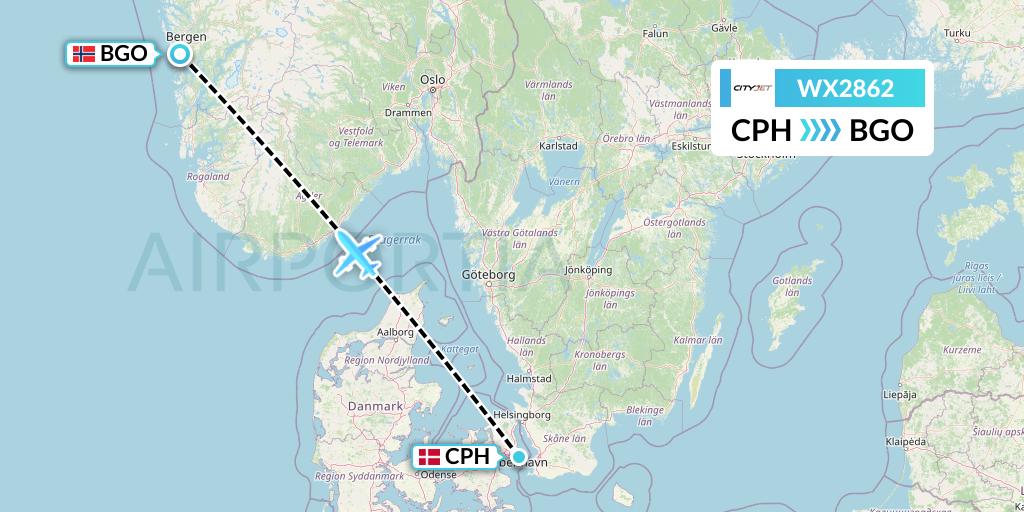 WX2862 Cityjet Flight Map: Copenhagen to Bergen