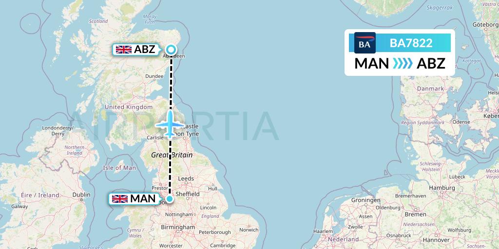 BA7822 British Airways Flight Map: Manchester to Aberdeen