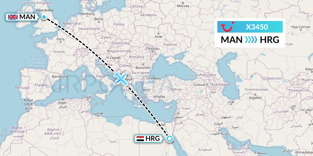 X3450 TUI fly Germany Flight Map: Manchester to Hurghada