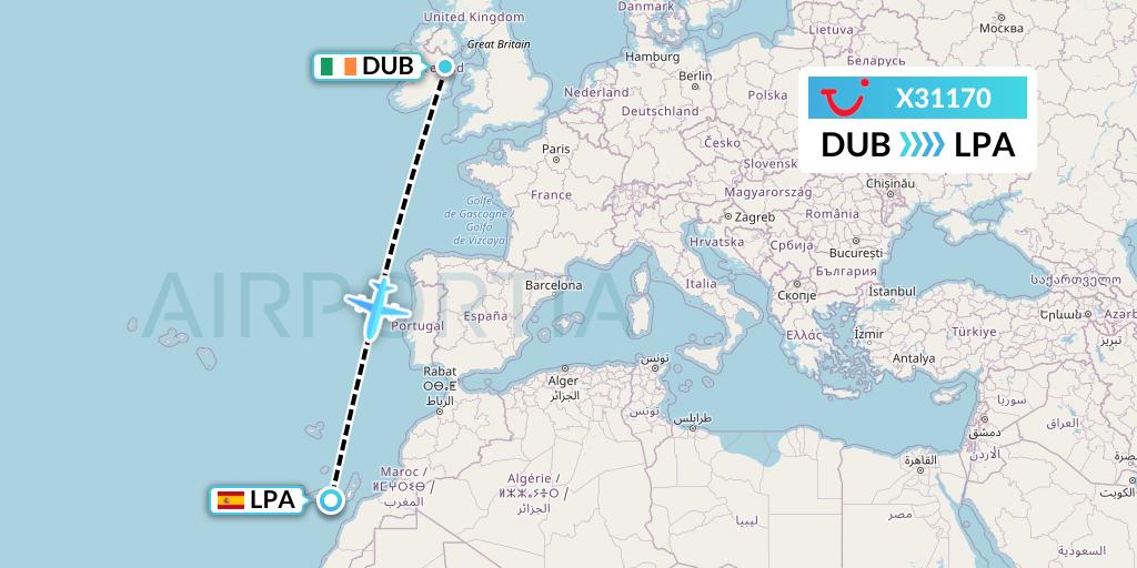 X31170 TUI fly Germany Flight Map: Dublin to Las Palmas