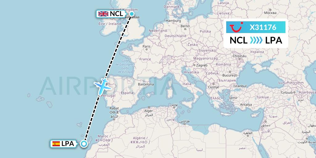 X31176 TUI fly Germany Flight Map: Newcastle to Las Palmas