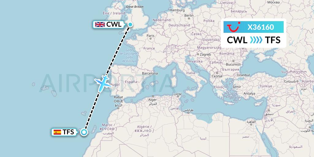 X36160 TUI fly Germany Flight Map: Cardiff to Tenerife