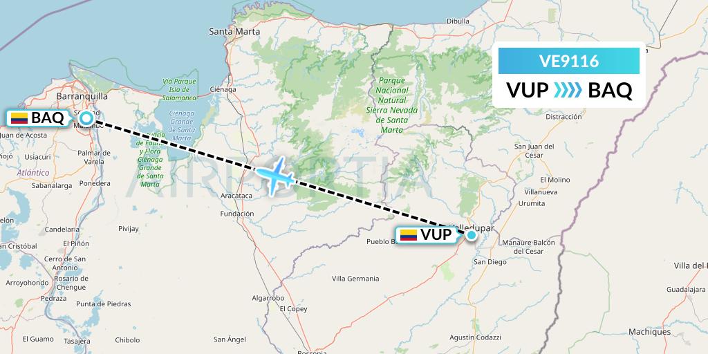 VE9116 Easyfly Flight Map: Valledupar to Barranquilla