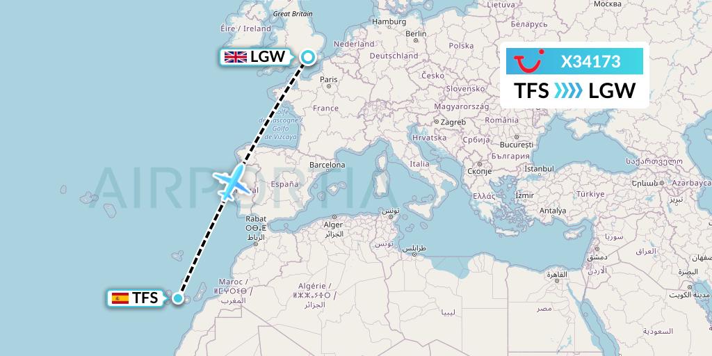 X34173 TUI fly Germany Flight Map: Tenerife to London
