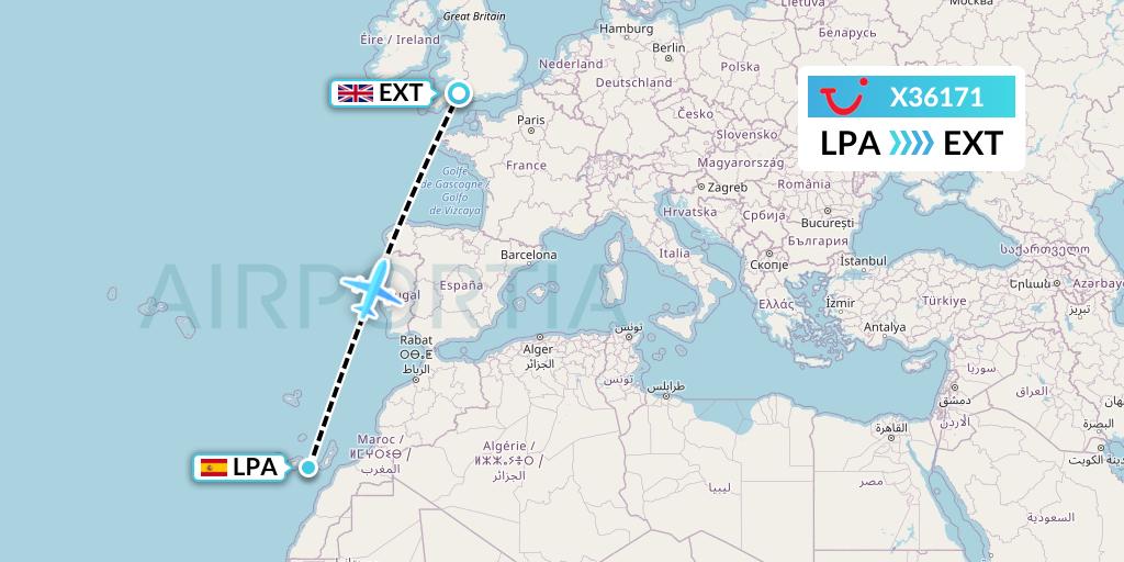 X36171 TUI fly Germany Flight Map: Las Palmas to Exeter