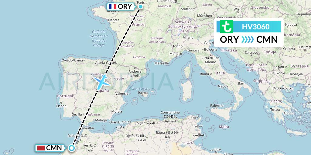 HV3060 Transavia Flight Map: Paris to Casablanca