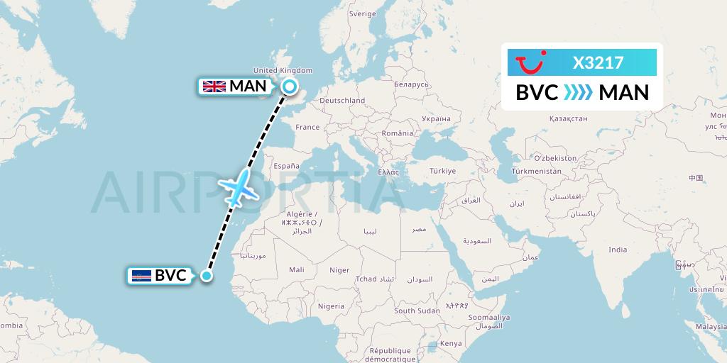 X3217 TUI fly Germany Flight Map: Boa Vista to Manchester