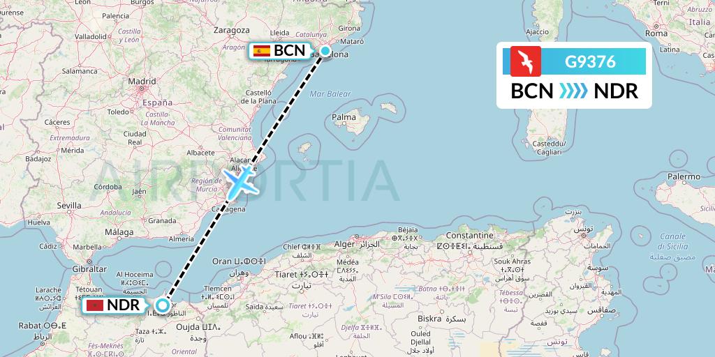 G9376 Air Arabia Flight Map: Barcelona to Nador
