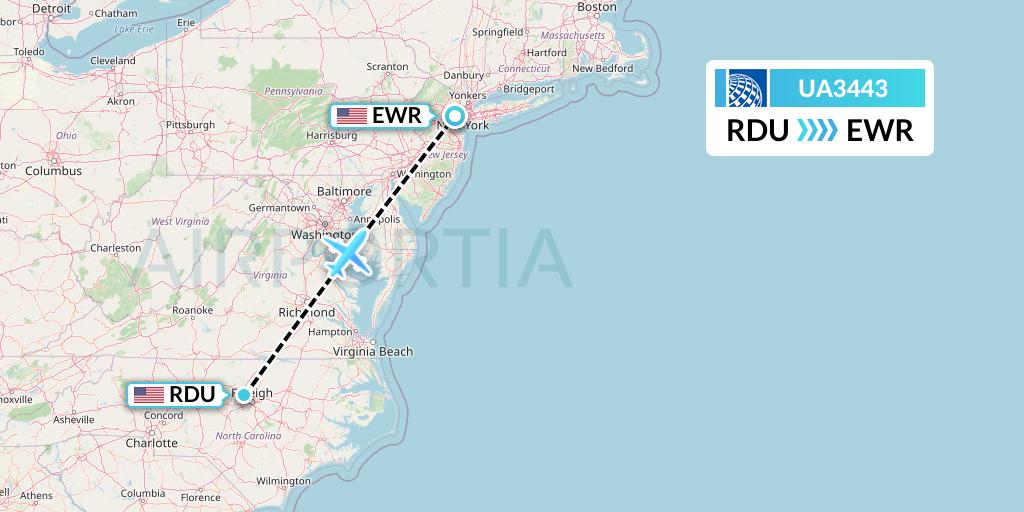 UA3443 United Airlines Flight Map: Raleigh-Durham to New York