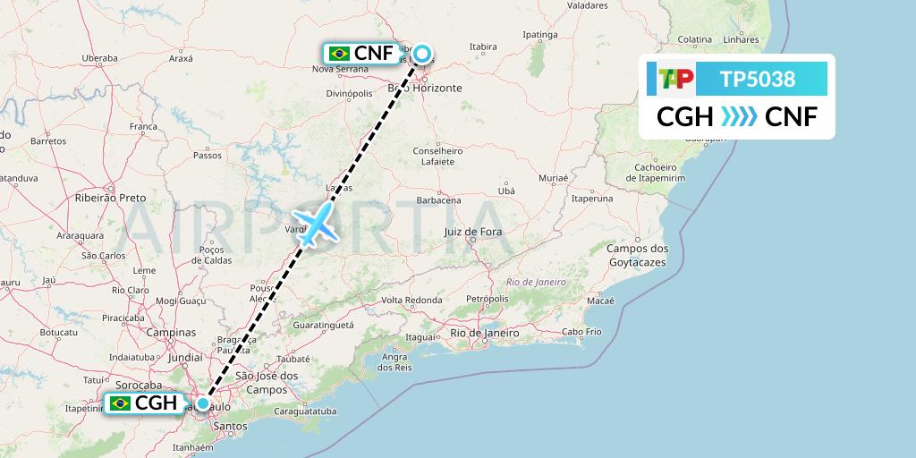 TP5038 TAP Portugal Flight Map: Sao Paulo to Belo Horizonte