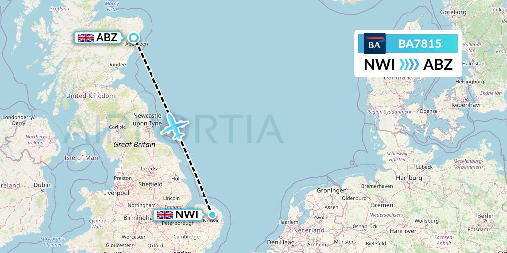 BA7815 British Airways Flight Map: Norwich to Aberdeen
