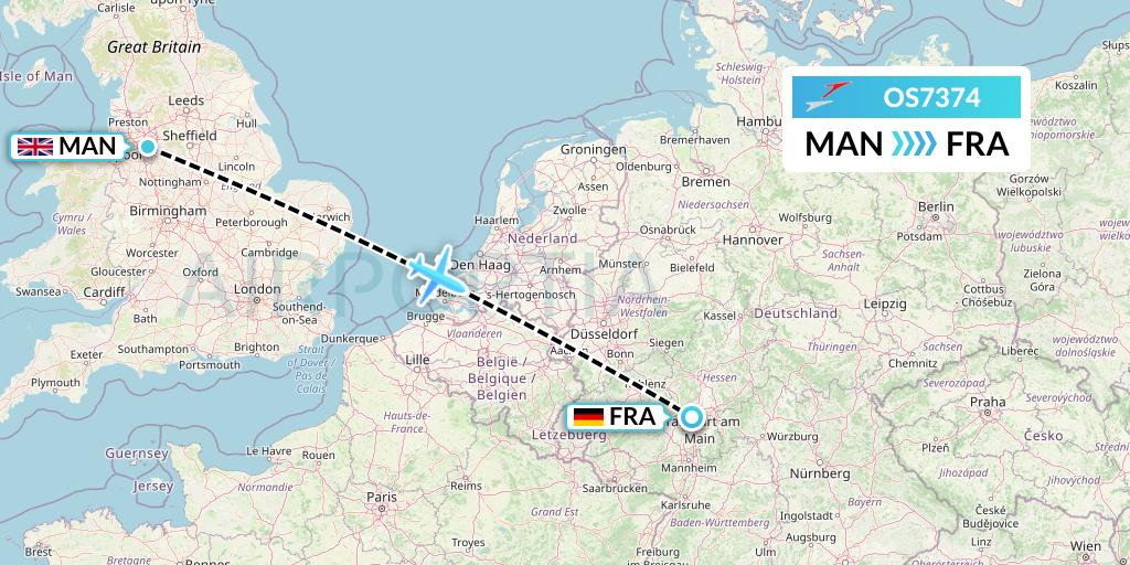 OS7374 Austrian Airlines Flight Map: Manchester to Frankfurt