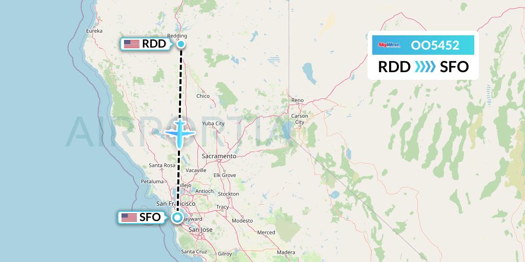 OO5452 SkyWest Airlines Flight Map: Redding to San Francisco