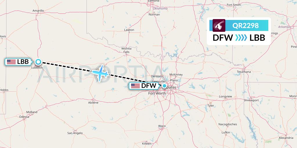 QR2298 Qatar Airways Flight Map: Dallas to Lubbock