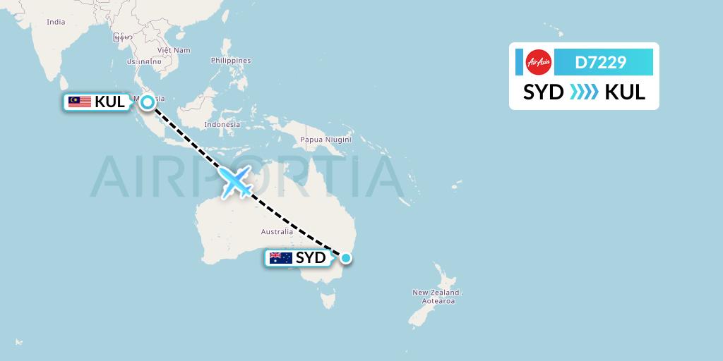 D7229 AirAsia X Flight Map: Sydney to Kuala Lumpur