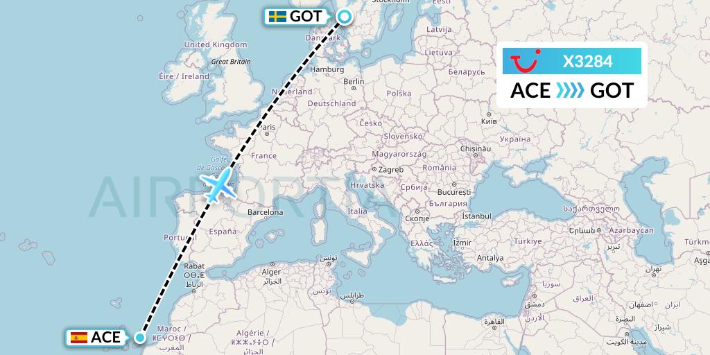 X3284 TUI fly Germany Flight Map: Lanzarote to Gothenburg