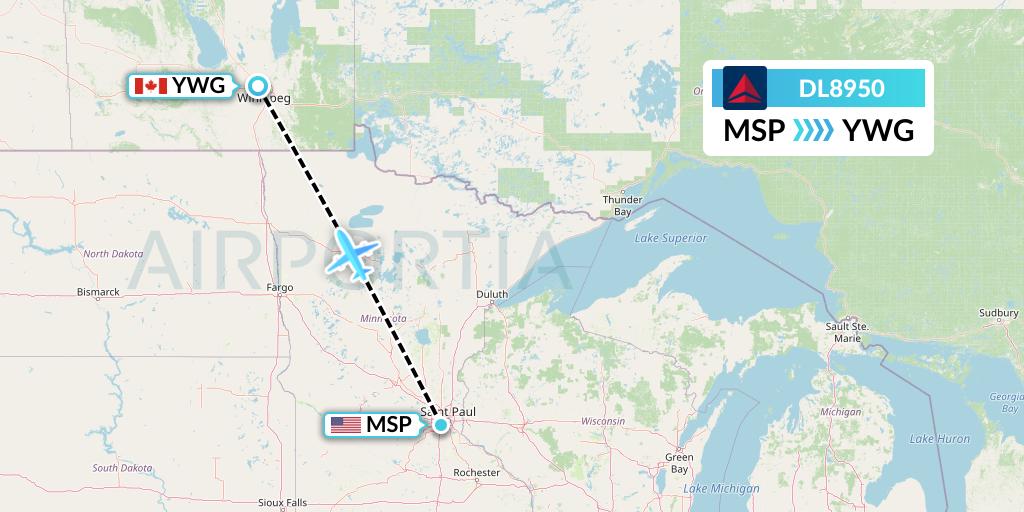 DL8950 Delta Air Lines Flight Map: Minneapolis to Winnipeg