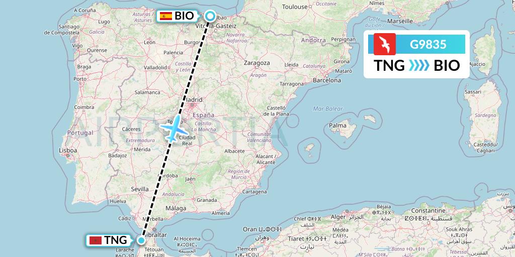 G9835 Air Arabia Flight Map: Tangier to Bilbao