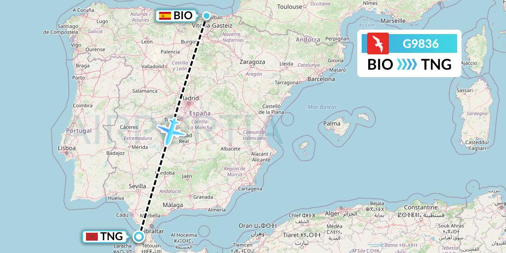 G9836 Air Arabia Flight Map: Bilbao to Tangier